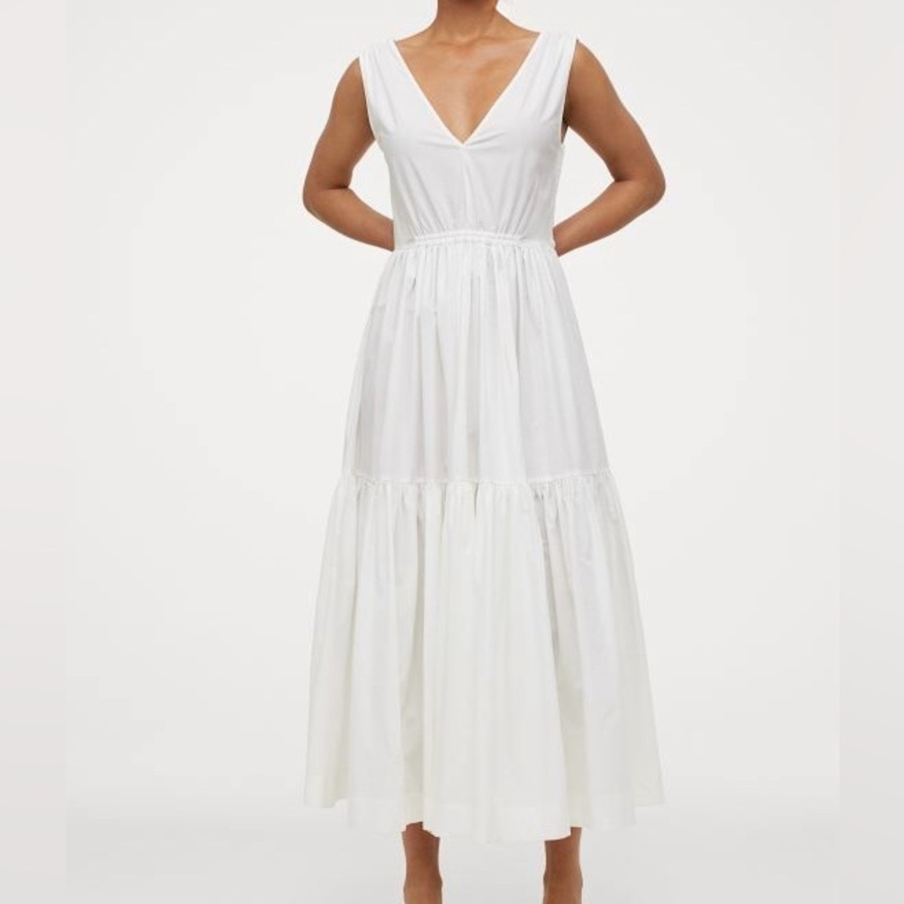 H&M Premium Ivory White Cotton Poplin Tiered Voluminous Maxi V-Neck Dress Small